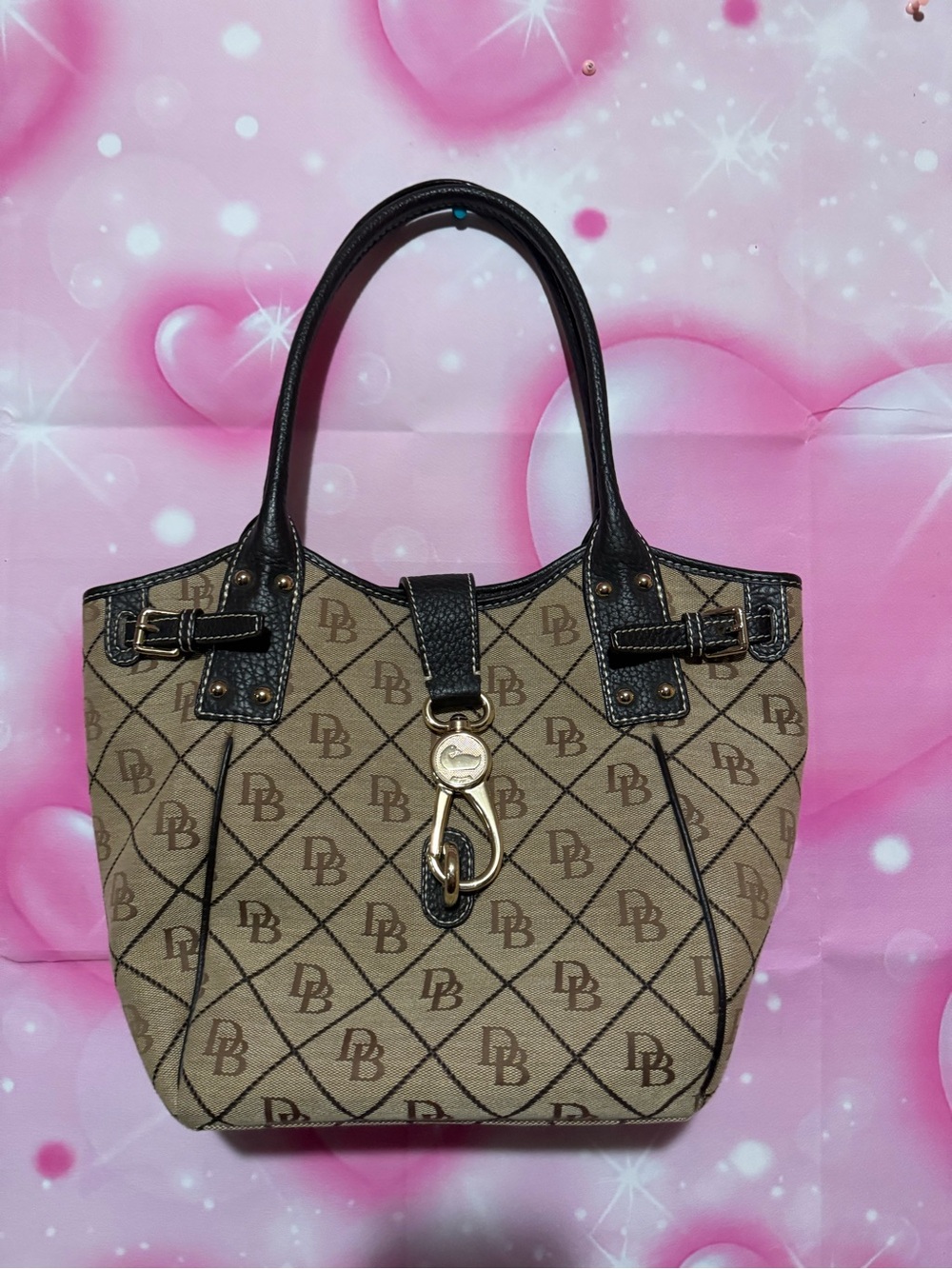 Dooney & Bourke Tan Monogram Canvas Tote with Black Trim